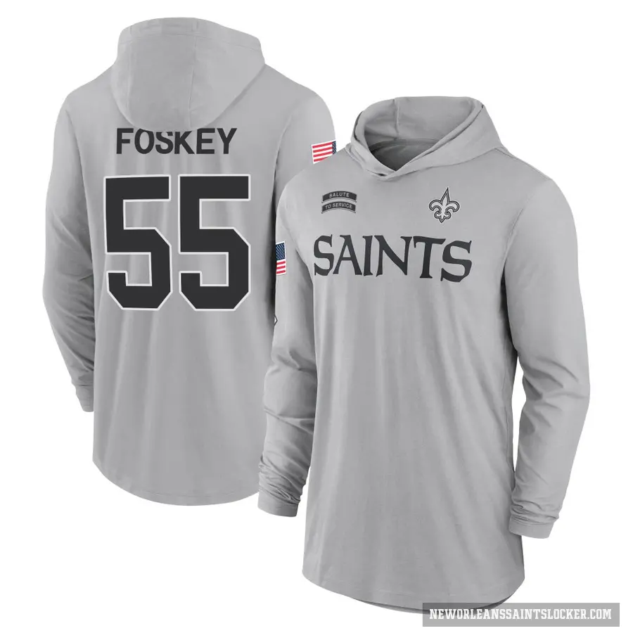 Men's ＃55 Isaiah Foskey New Orleans Saints Gray 2024 Salute to Service Lightweight Performance Long Sleeve Hooded T-Shirt