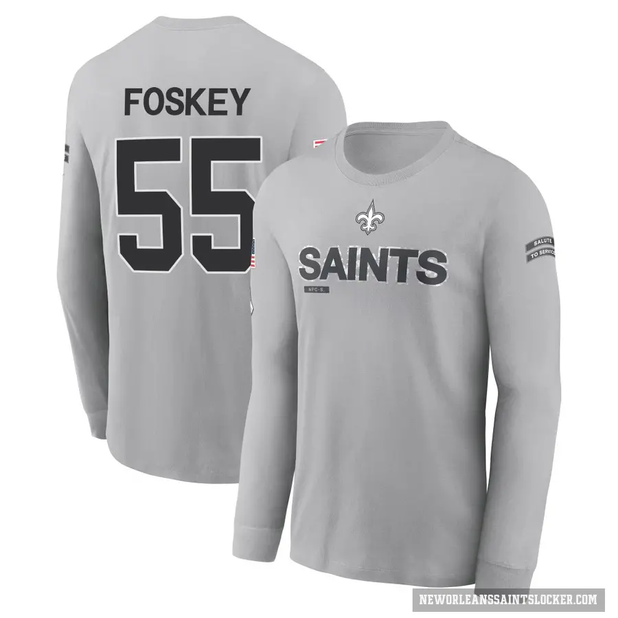 Men's ＃55 Isaiah Foskey New Orleans Saints Gray 2024 Salute to Service Long Sleeve T-Shirt