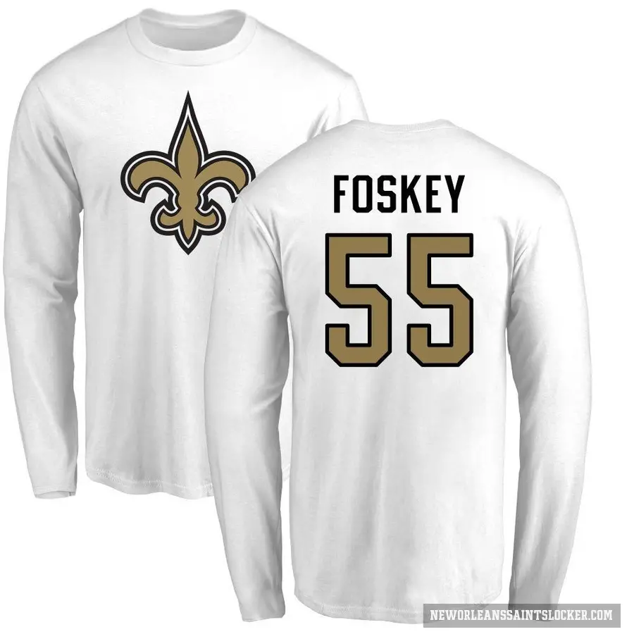 Men's ＃55 Isaiah Foskey New Orleans Saints White Logo Long Sleeve T-Shirt