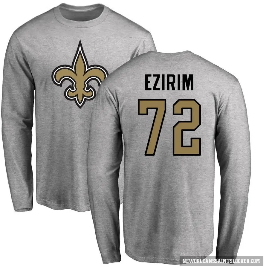 Men's ＃72 Josiah Ezirim New Orleans Saints Ash Logo Long Sleeve T-Shirt