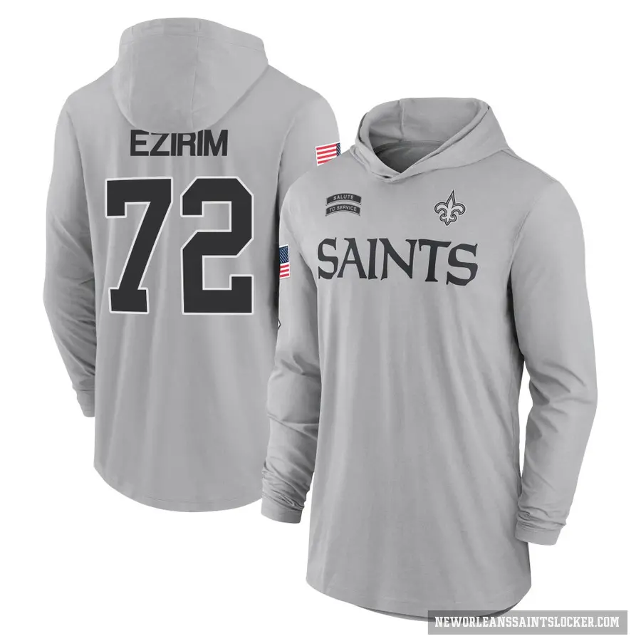 Men's ＃72 Josiah Ezirim New Orleans Saints Gray 2024 Salute to Service Lightweight Performance Long Sleeve Hooded T-Shirt