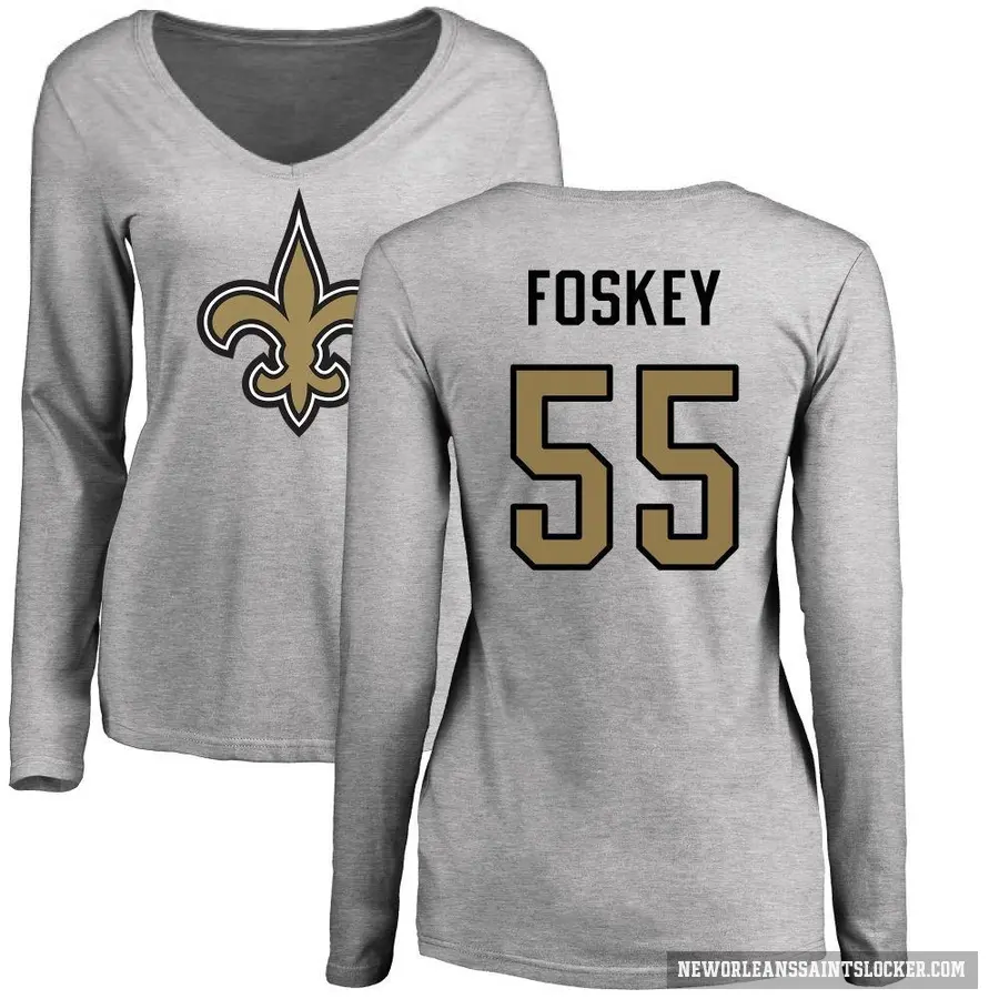 Women's ＃55 Isaiah Foskey New Orleans Saints Ash Logo Slim Fit Long Sleeve T-Shirt