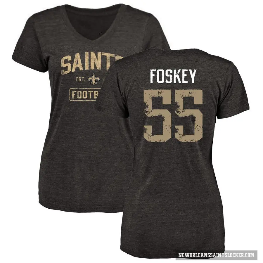 Women's ＃55 Isaiah Foskey New Orleans Saints Black Distressed V-Neck T-Shirt