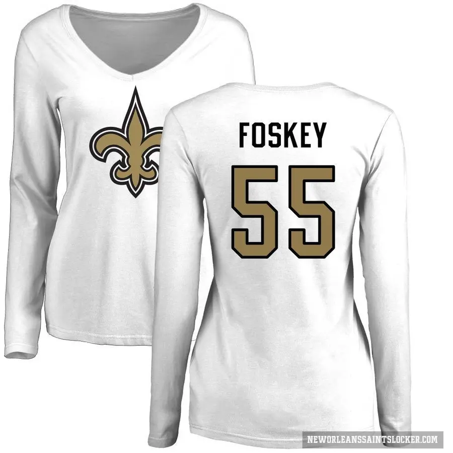 Women's ＃55 Isaiah Foskey New Orleans Saints White Logo Slim Fit Long Sleeve T-Shirt