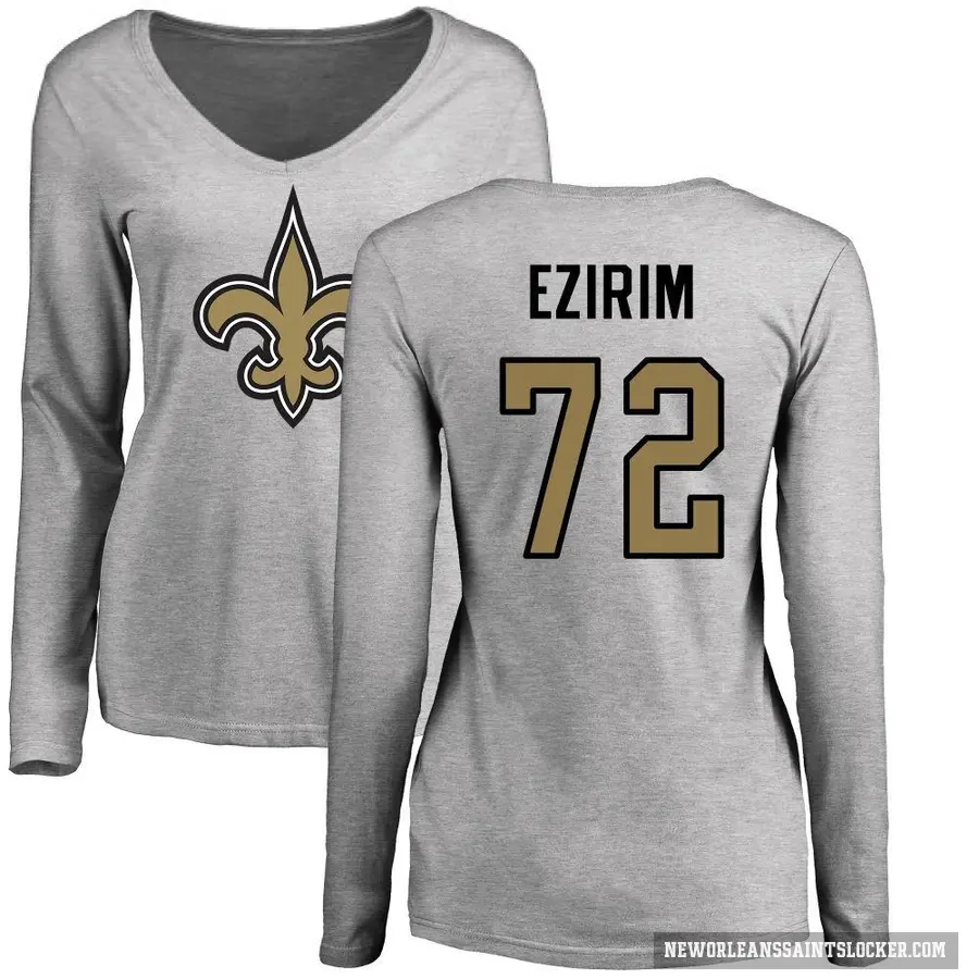 Women's ＃72 Josiah Ezirim New Orleans Saints Ash Logo Slim Fit Long Sleeve T-Shirt