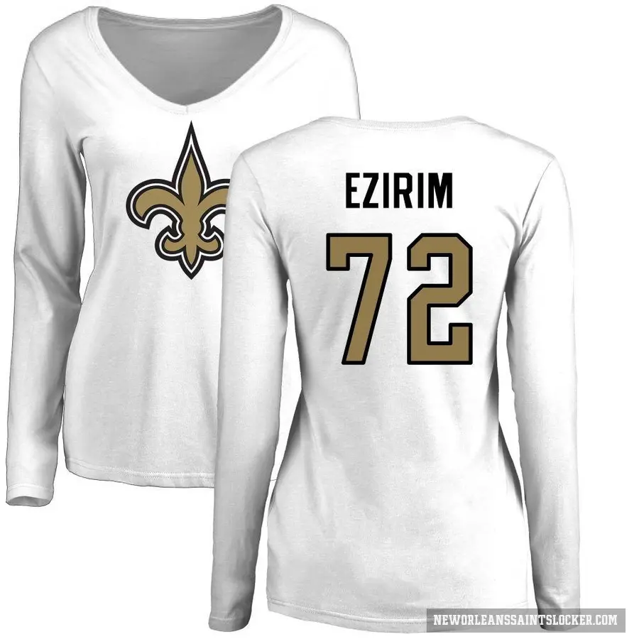 Women's ＃72 Josiah Ezirim New Orleans Saints White Logo Slim Fit Long Sleeve T-Shirt